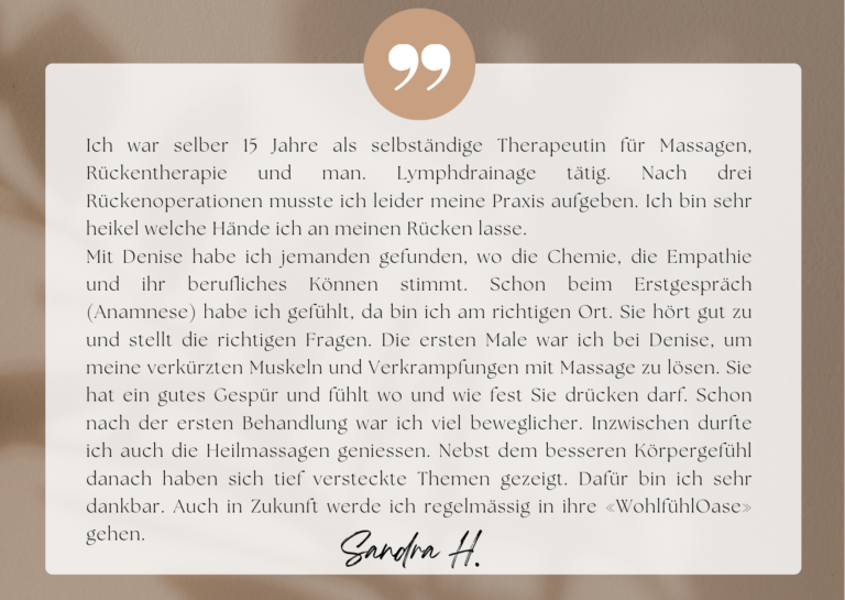 Ich besuche regelmäßig Thai- und Medizinische Massagen und habe auch in einem Hamam gearbeitet. Ich lag schon auf vielen Massageliegen, gestern das erste Mal bei Denise. Schon bei der Begrüßung fü(1)